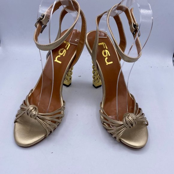 FSJ Bows Open Toe Sandals Gold Block Heels New Size 8 - Picture 3 of 8